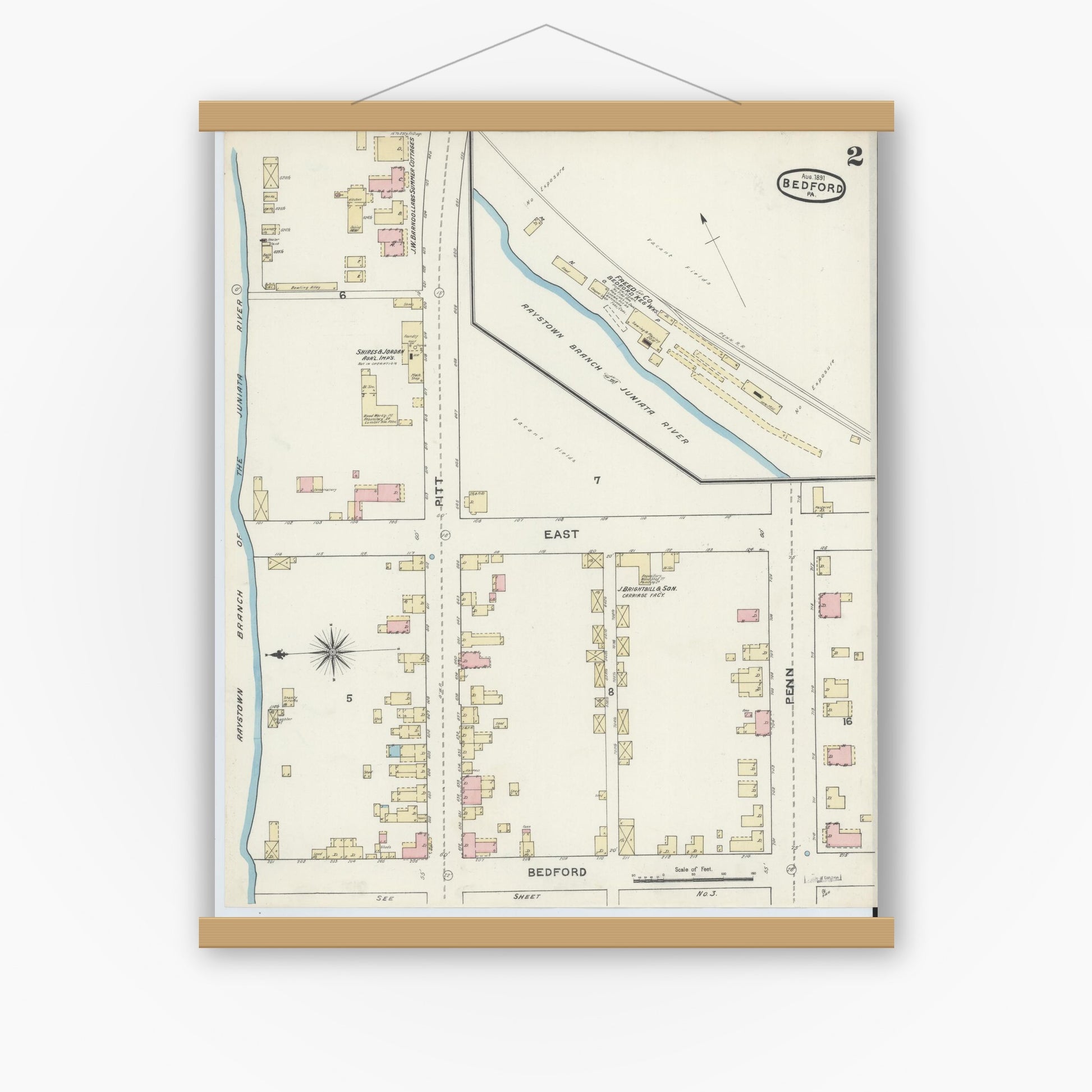 Old map wall art mockup — magnetic wood frame on white wall — Sanborn Fire Insurance Map from Bedford, Bedford County, Pennsylvania (1891), Sheet #0002