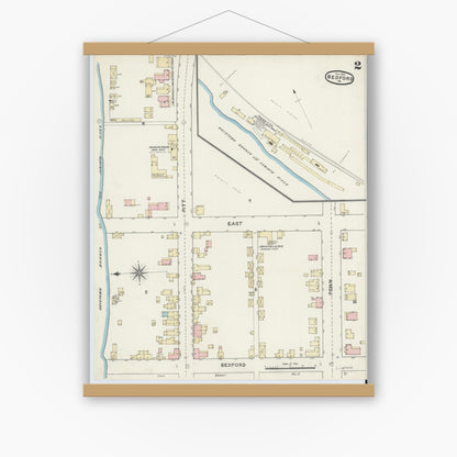 Old map wall art mockup — magnetic wood frame on white wall — Sanborn Fire Insurance Map from Bedford, Bedford County, Pennsylvania (1891), Sheet #0002