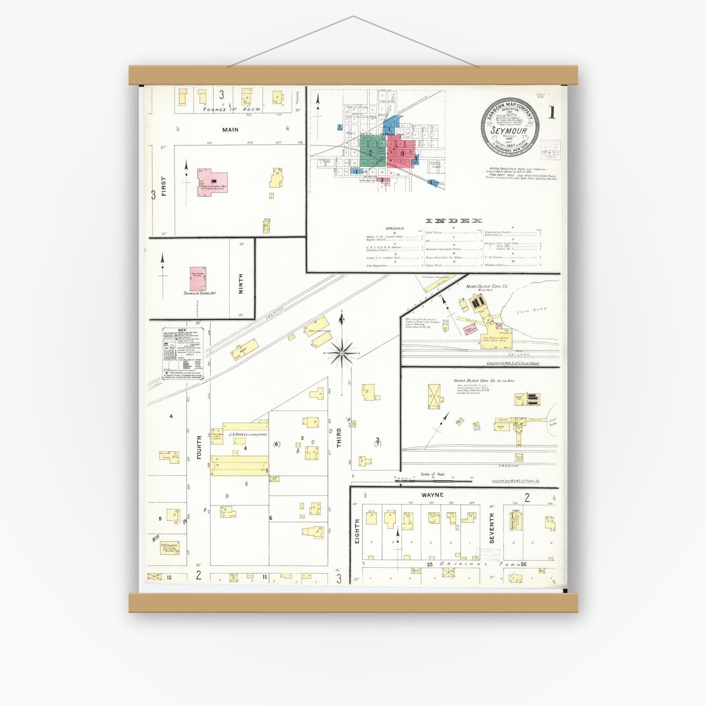 Old map wall art mockup — magnetic wood frame on white wall — Sanborn Fire Insurance Map from Seymour, Wayne County, Iowa (1907), Sheet #0001