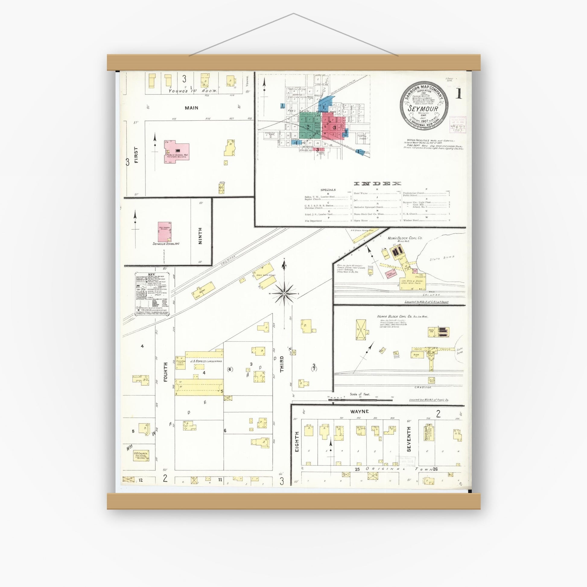 Old map wall art mockup — magnetic wood frame on white wall — Sanborn Fire Insurance Map from Seymour, Wayne County, Iowa (1907), Sheet #0001