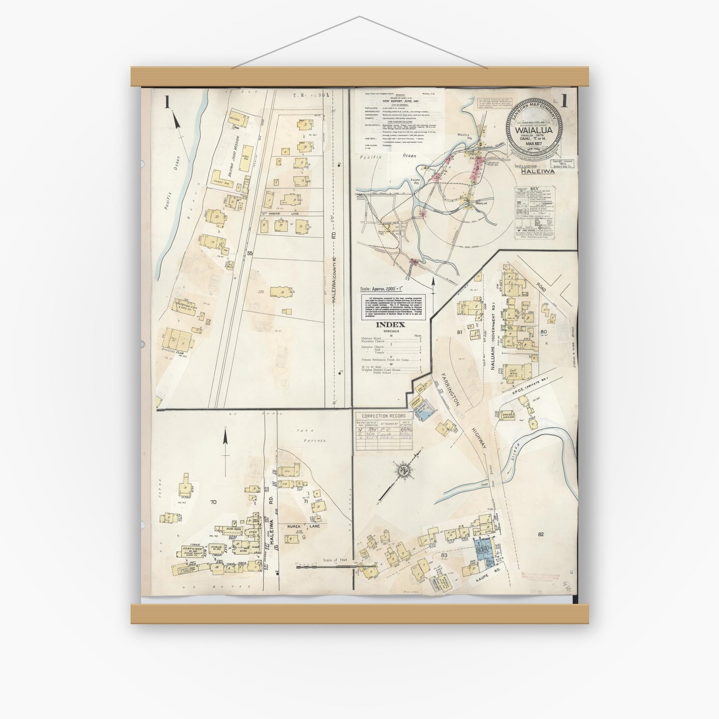 Old map wall art mockup — magnetic wood frame on white wall — Sanborn Fire Insurance Map from Waialua, Honolulu County, Hawaii (1957), Sheet #0001