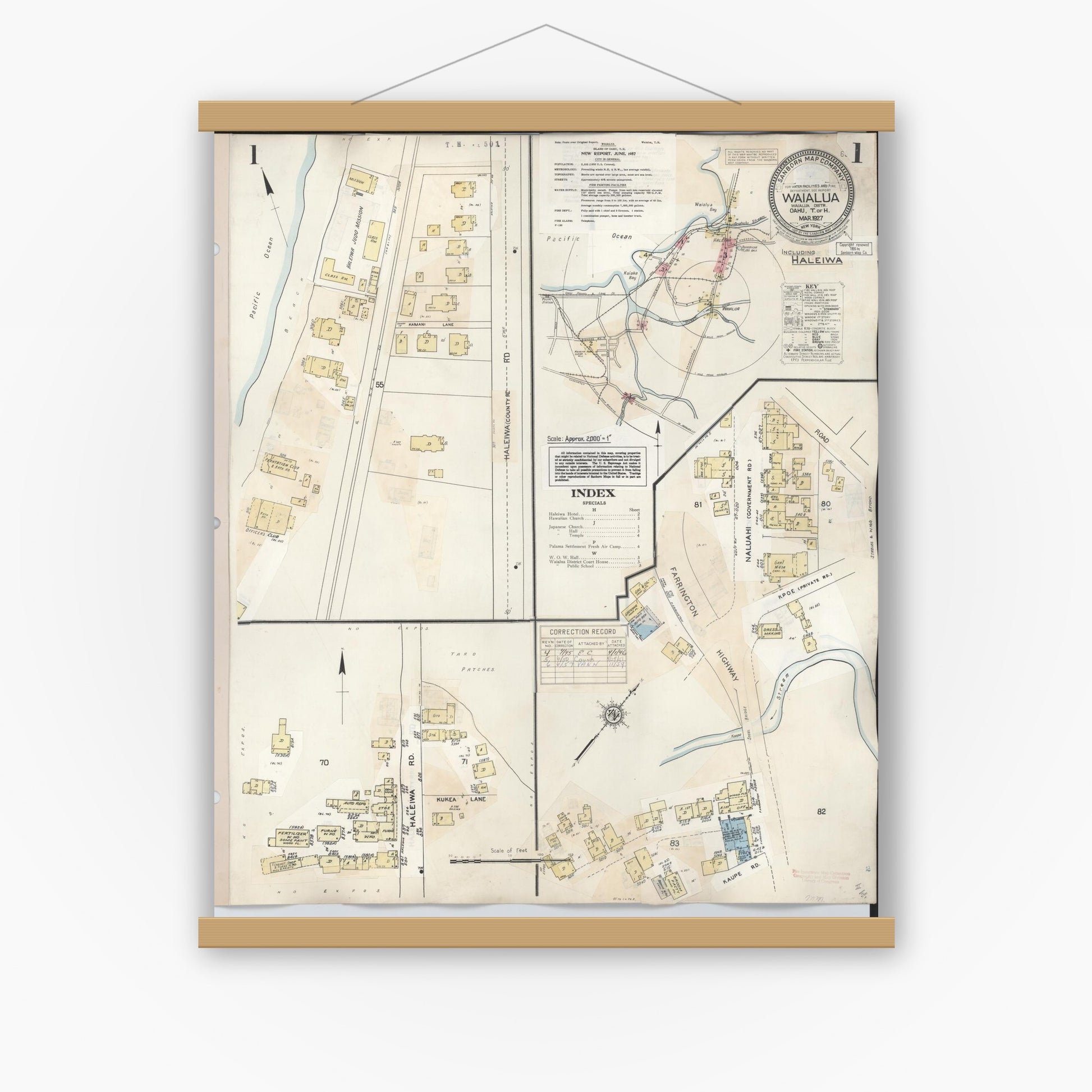 Old map wall art mockup — magnetic wood frame on white wall — Sanborn Fire Insurance Map from Waialua, Honolulu County, Hawaii (1957), Sheet #0001