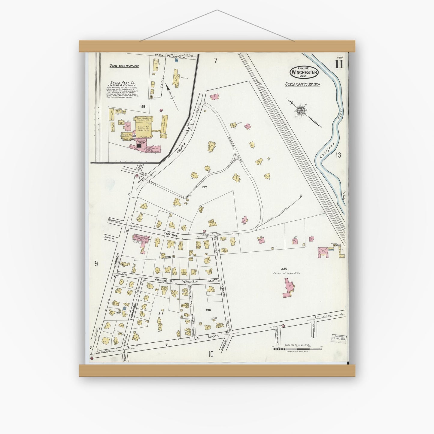 Old map wall art mockup — magnetic wood frame on white wall — Sanborn Fire Insurance Map from Winchester, Middlesex County, Massachusetts (1921), Sheet #0011