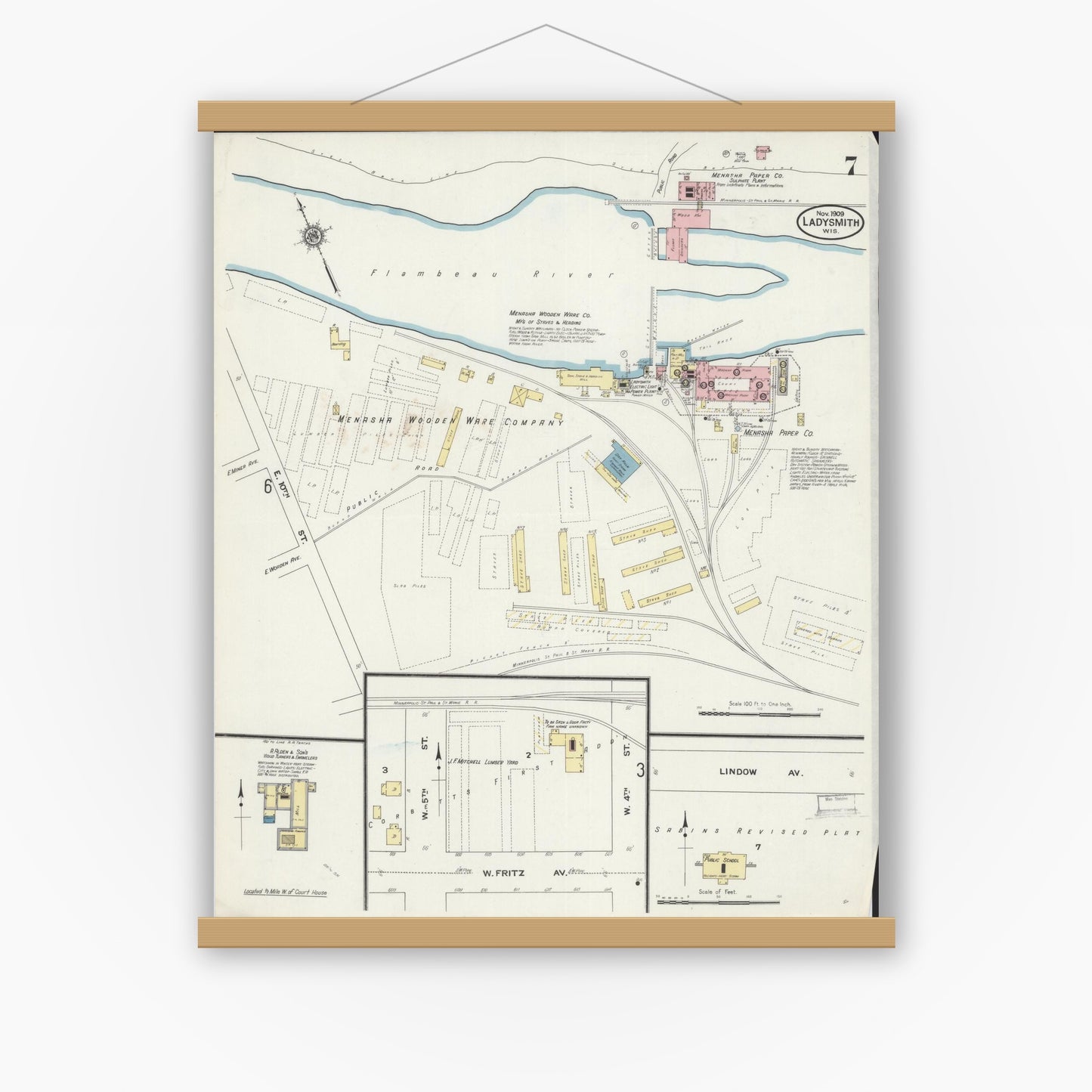 Old map wall art mockup — magnetic wood frame on white wall — Sanborn Fire Insurance Map from Ladysmith, Rusk County, Wisconsin (1909), Sheet #0007