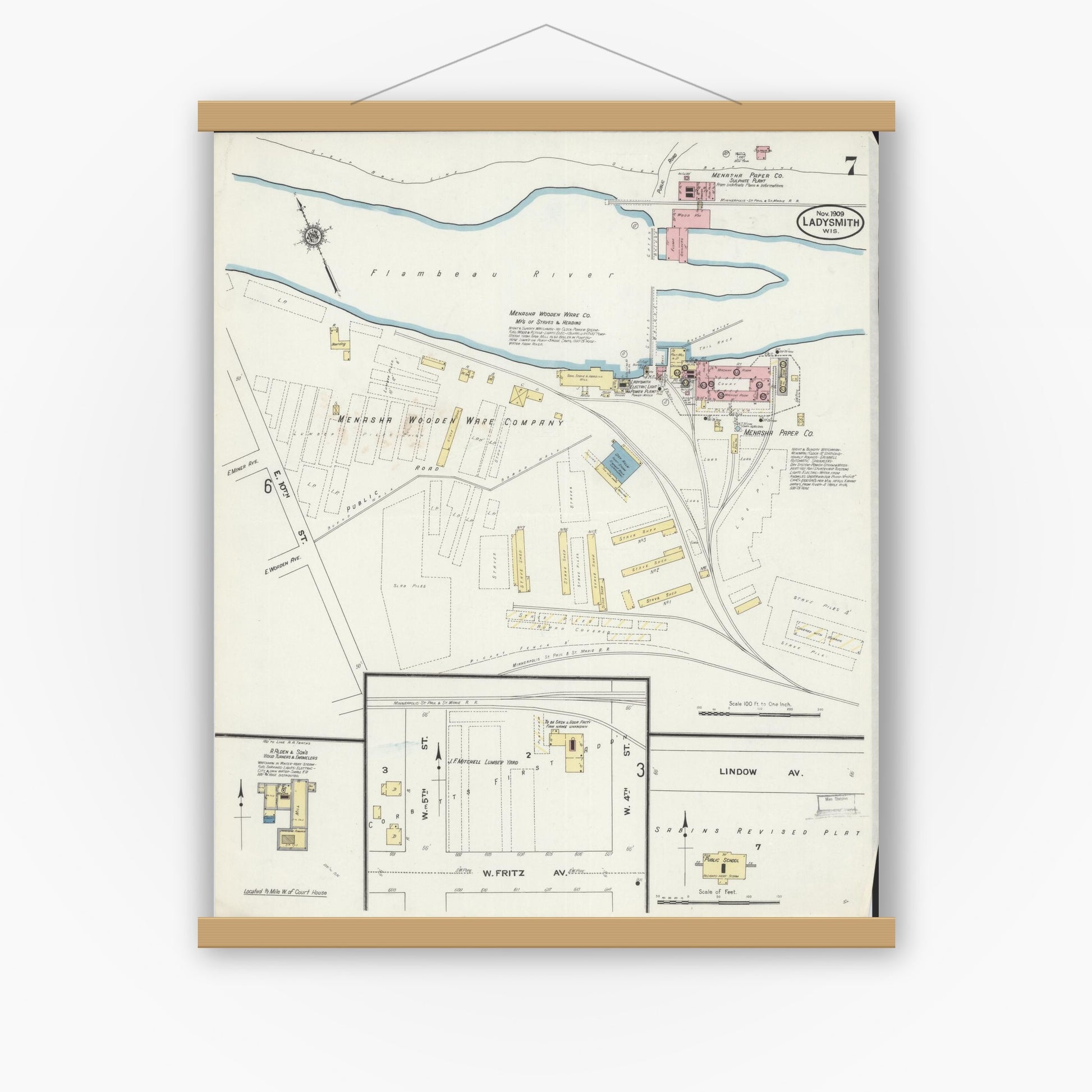Old map wall art mockup — magnetic wood frame on white wall — Sanborn Fire Insurance Map from Ladysmith, Rusk County, Wisconsin (1909), Sheet #0007