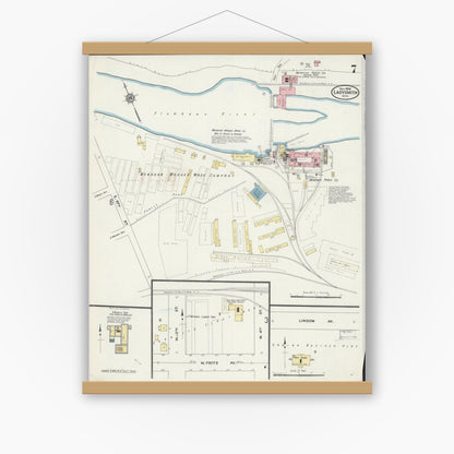 Old map wall art mockup — magnetic wood frame on white wall — Sanborn Fire Insurance Map from Ladysmith, Rusk County, Wisconsin (1909), Sheet #0007
