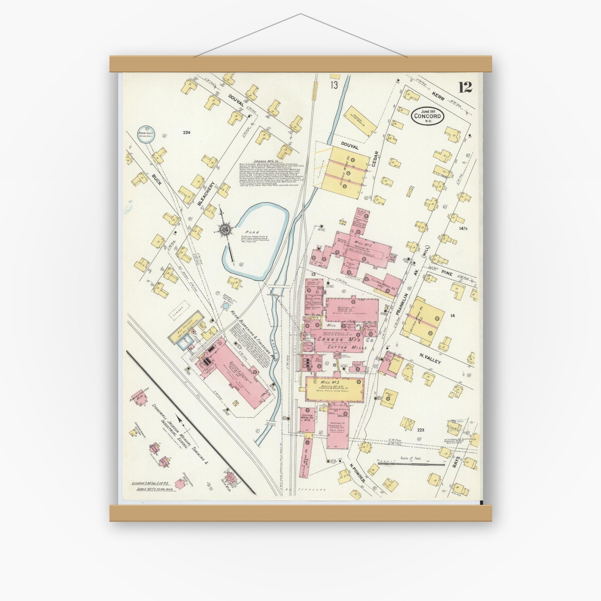 Old map wall art mockup — magnetic wood frame on white wall — Sanborn Fire Insurance Map from Concord, Cabarrus County, North Carolina (1911), Sheet #0012