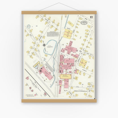 Old map wall art mockup — magnetic wood frame on white wall — Sanborn Fire Insurance Map from Concord, Cabarrus County, North Carolina (1911), Sheet #0012