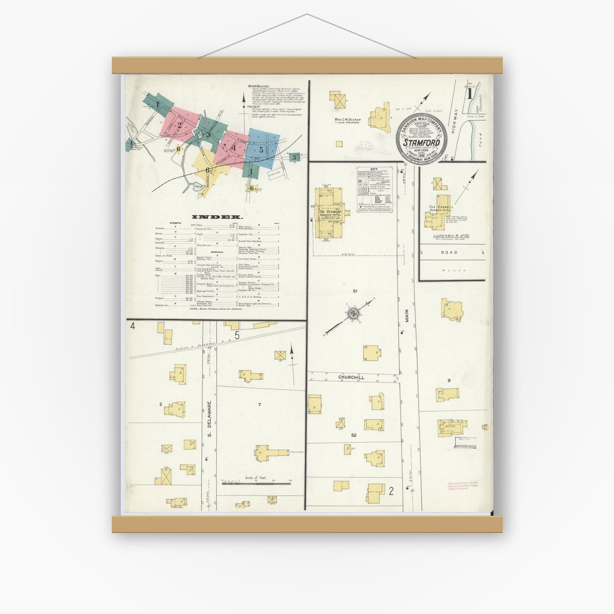 Old map wall art mockup — magnetic wood frame on white wall — Sanborn Fire Insurance Map from Stamford, Delaware County, New York (1912) - Complete Map Set