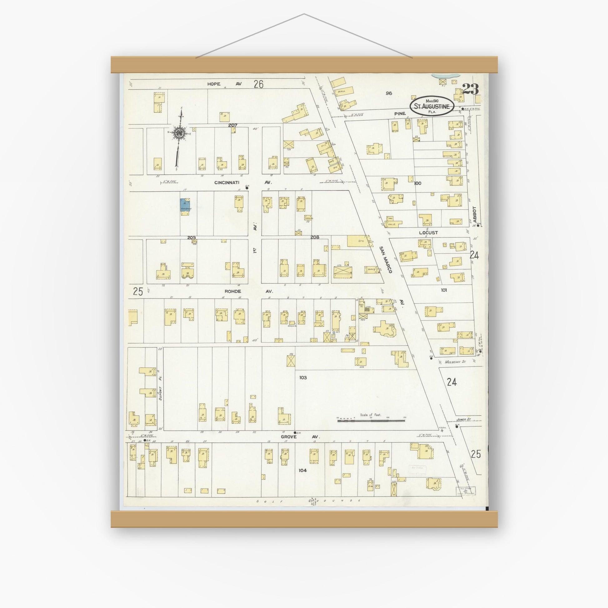 Old map wall art mockup — magnetic wood frame on white wall — Sanborn Fire Insurance Map from Saint Augustine, Saint John's County, Florida (1910), Sheet #0023