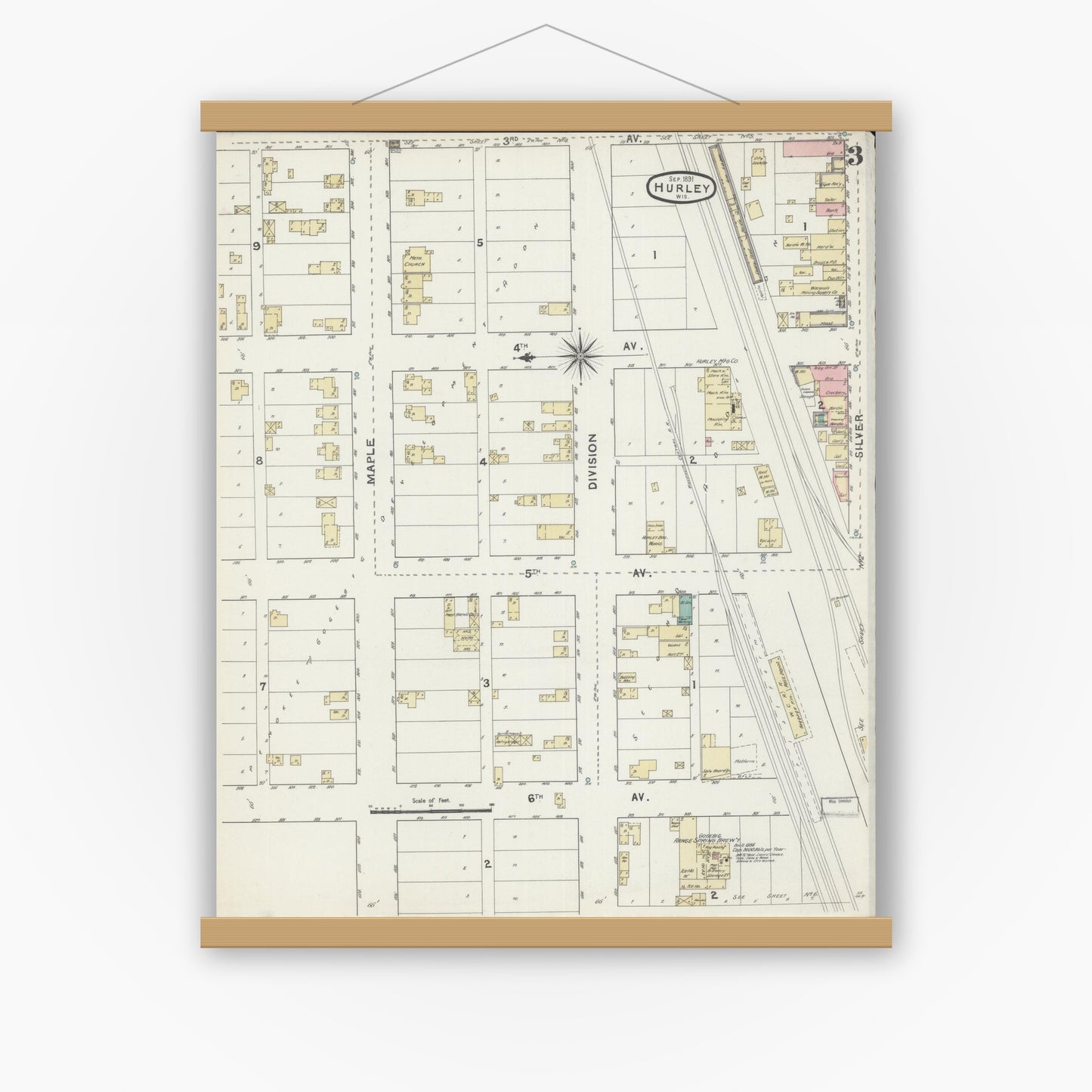 Old map wall art mockup — magnetic wood frame on white wall — Sanborn Fire Insurance Map from Hurley, Iron County, Wisconsin (1891), Sheet #0003