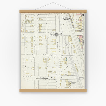 Old map wall art mockup — magnetic wood frame on white wall — Sanborn Fire Insurance Map from Hurley, Iron County, Wisconsin (1891), Sheet #0003