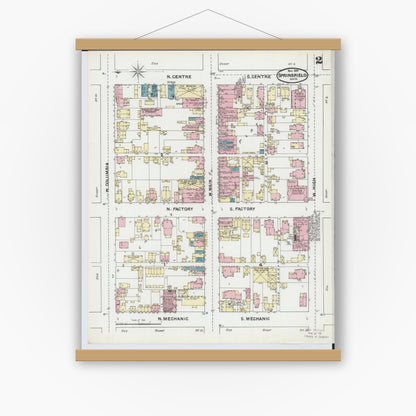 Old map wall art mockup — magnetic wood frame on white wall — Sanborn Fire Insurance Map from Springfield, Clark County, Ohio (1891), Sheet #0002