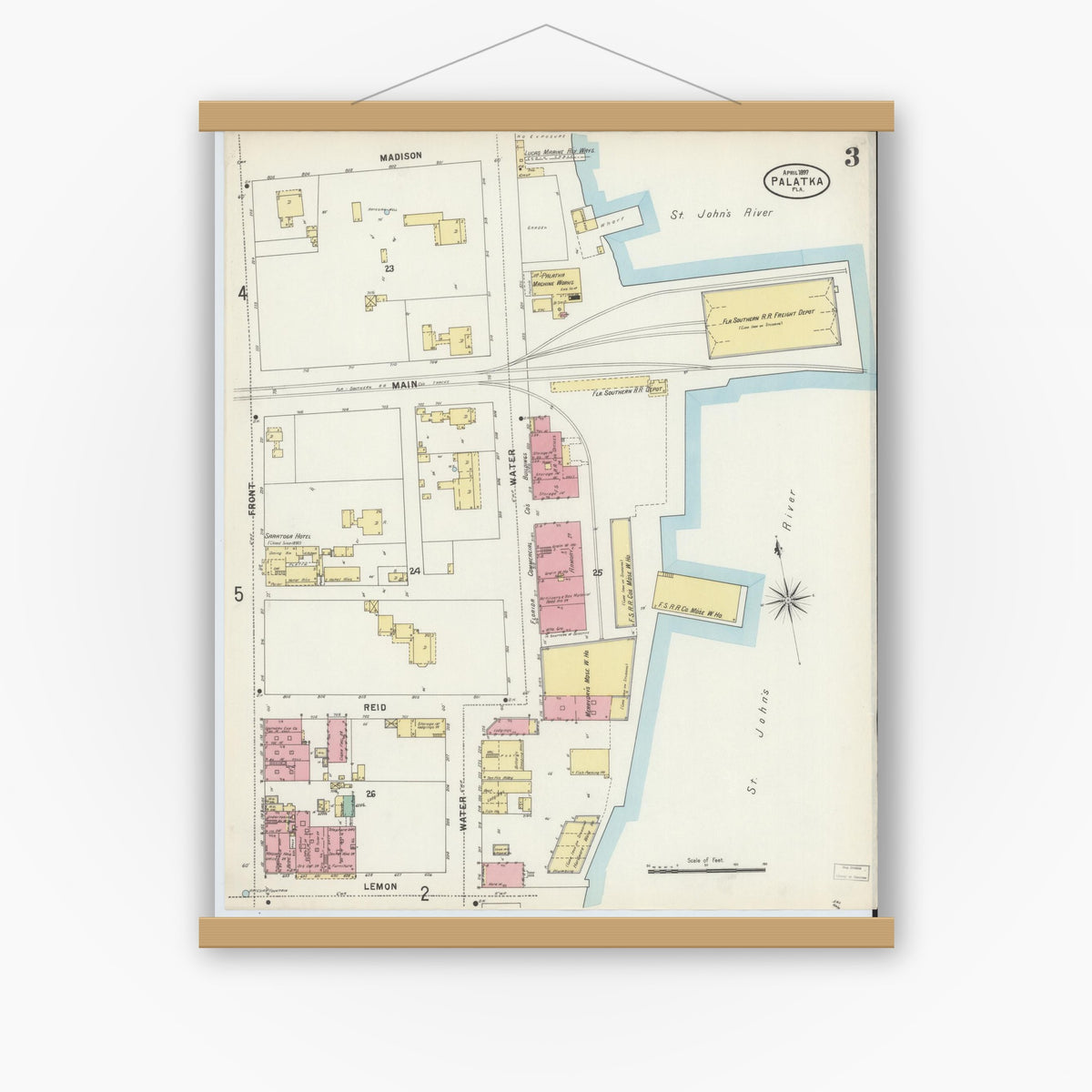 Old map wall art mockup — magnetic wood frame on white wall — Sanborn Fire Insurance Map from Palatka, Putnam County, Florida (1897), Sheet #0003