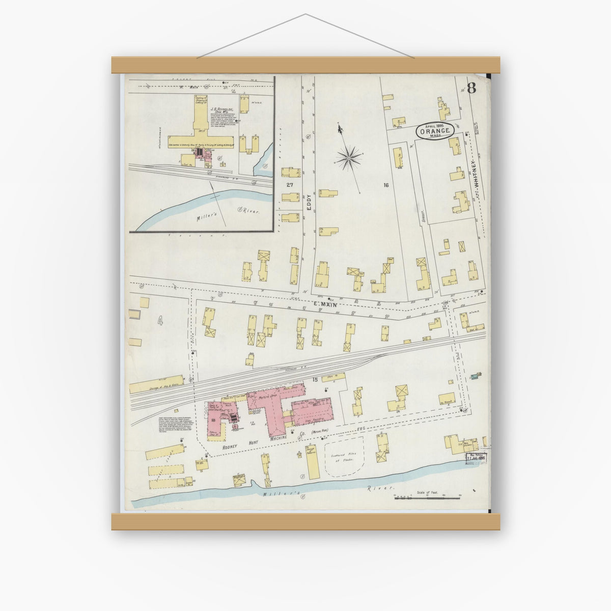 Old map wall art mockup — magnetic wood frame on white wall — Sanborn Fire Insurance Map from Orange, Franklin County, Massachusetts (1895), Sheet #0008