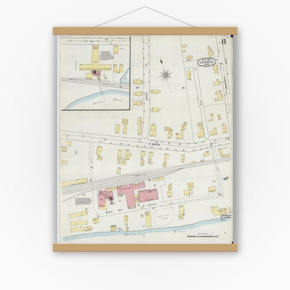Old map wall art mockup — magnetic wood frame on white wall — Sanborn Fire Insurance Map from Orange, Franklin County, Massachusetts (1895), Sheet #0008