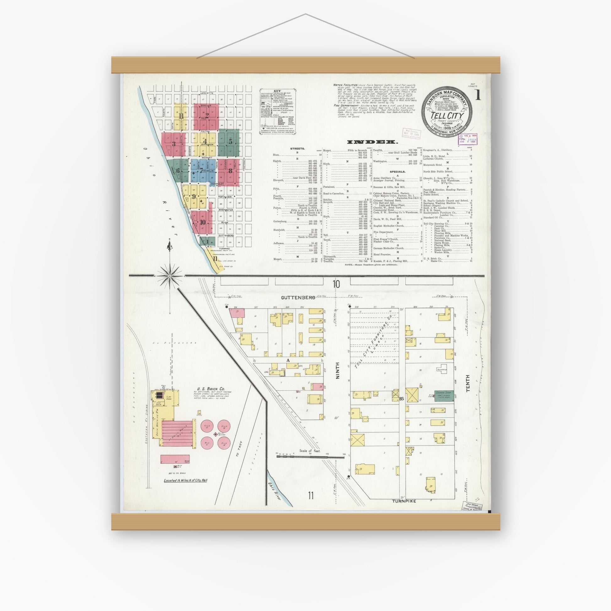 Old map wall art mockup — magnetic wood frame on white wall — Sanborn Fire Insurance Map from Tell City, Perry County, Indiana (1909) - Complete Map Set