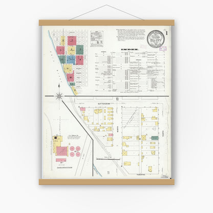 Old map wall art mockup — magnetic wood frame on white wall — Sanborn Fire Insurance Map from Tell City, Perry County, Indiana (1909) - Complete Map Set