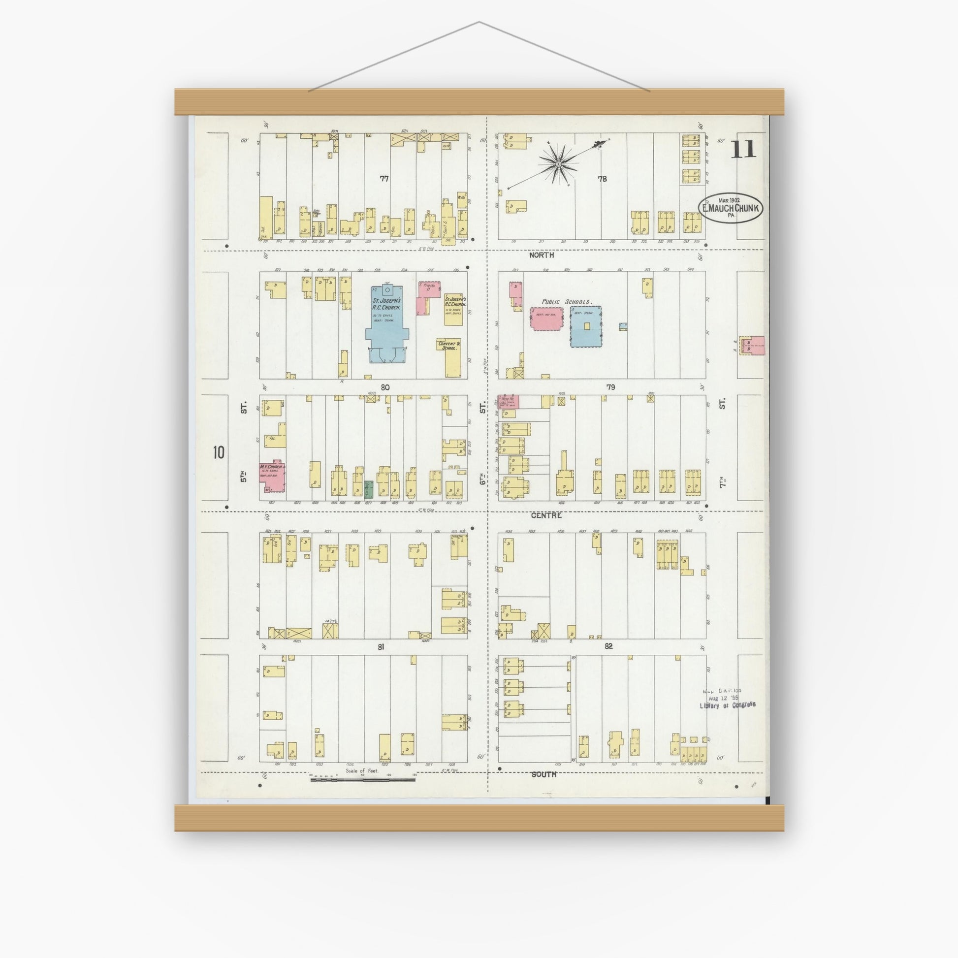 Old map wall art mockup — magnetic wood frame on white wall — Sanborn Fire Insurance Map from Mauch Chunk, Carbon County, Pennsylvania (1902), Sheet #0011