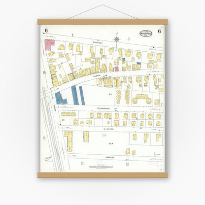 Old map wall art mockup — magnetic wood frame on white wall — Sanborn Fire Insurance Map from Wakefield, Middlesex County, Massachusetts (1923), Sheet #0006
