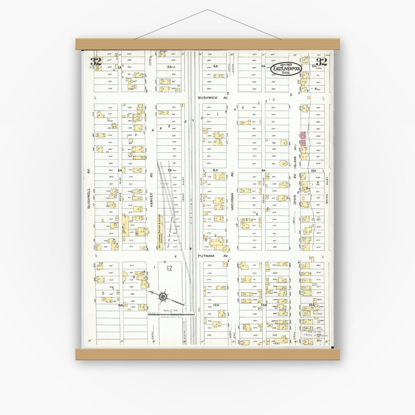 Old map wall art mockup — magnetic wood frame on white wall — Sanborn Fire Insurance Map from East Liverpool, Columbiana County, Ohio (1923), Sheet #0032