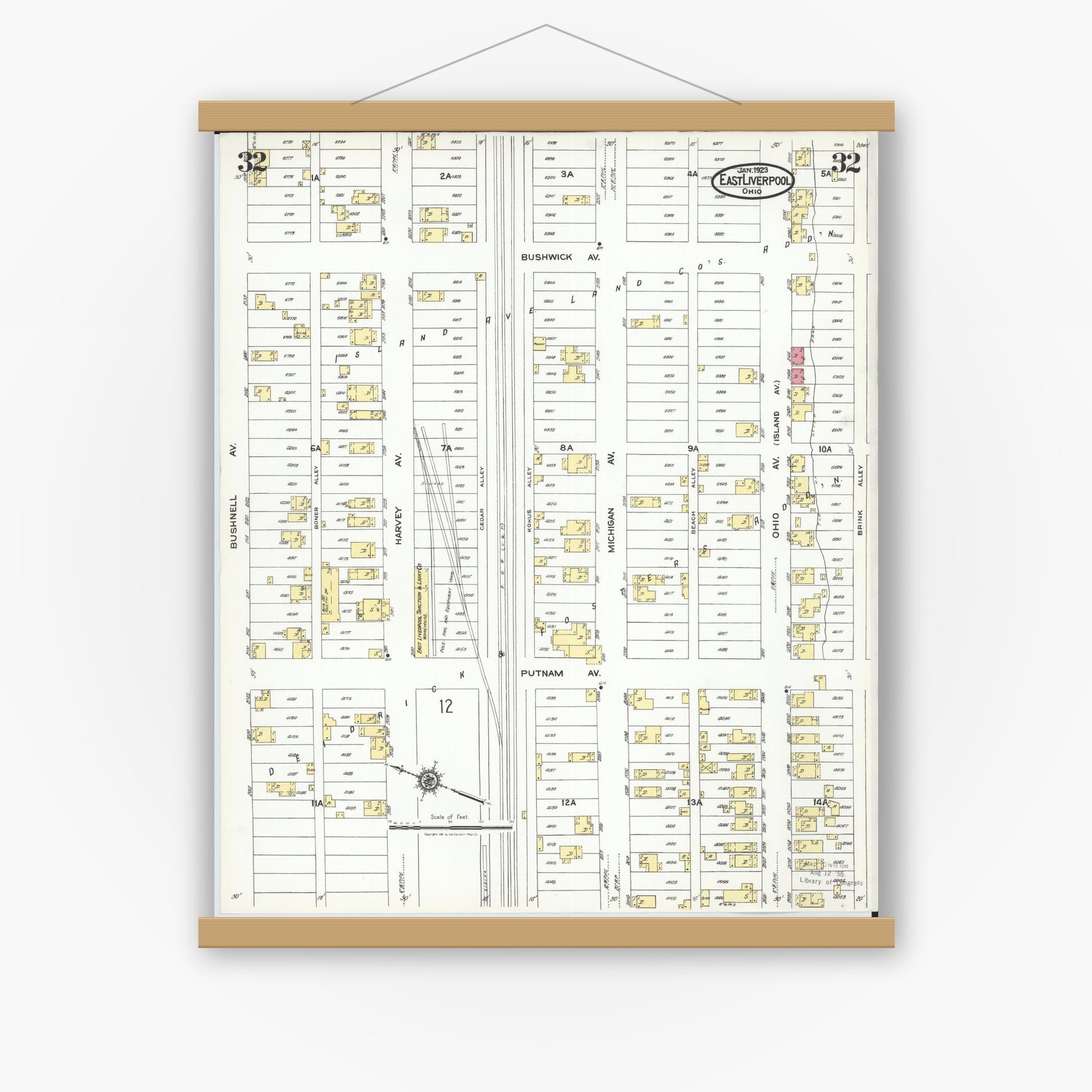 Old map wall art mockup — magnetic wood frame on white wall — Sanborn Fire Insurance Map from East Liverpool, Columbiana County, Ohio (1923), Sheet #0032