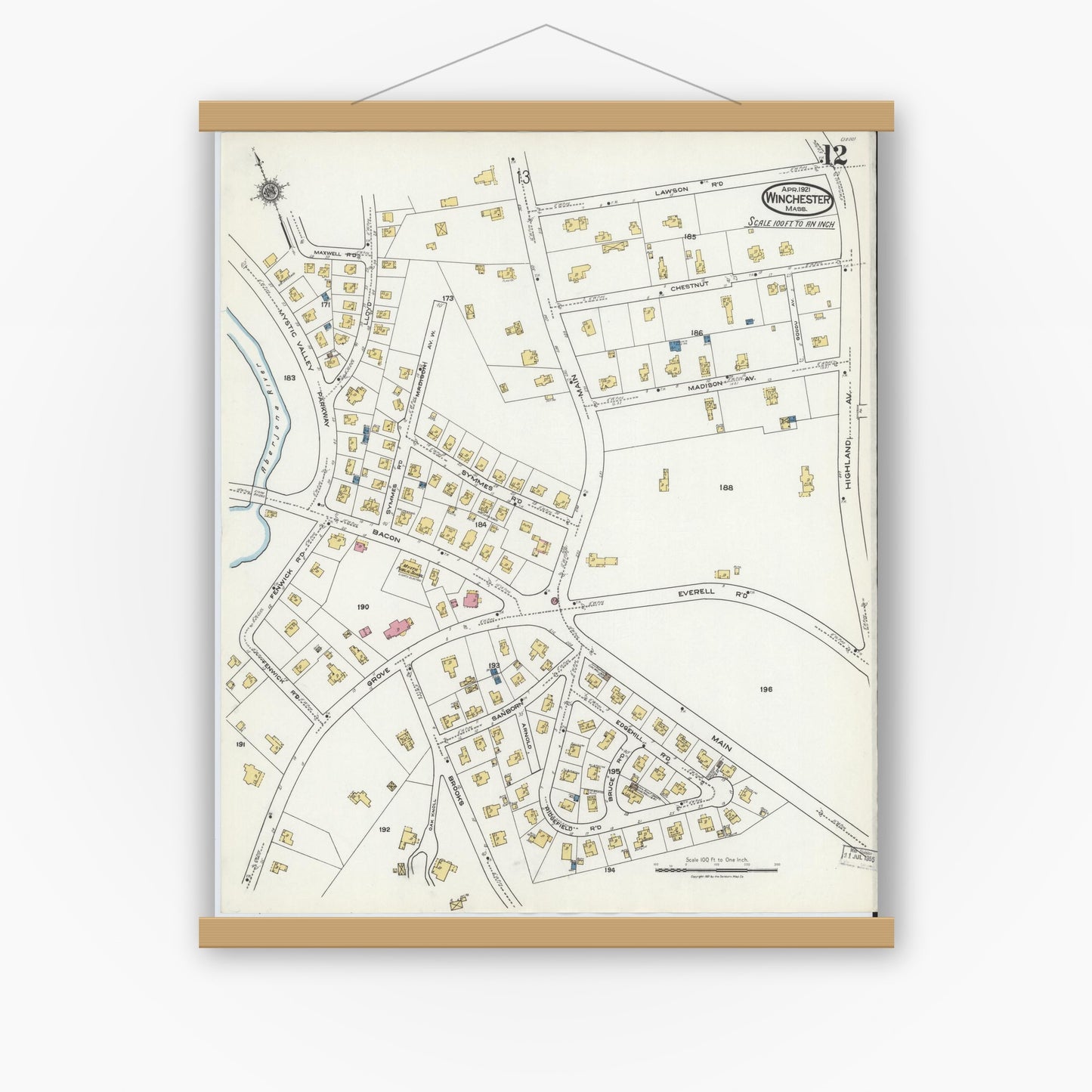 Old map wall art mockup — magnetic wood frame on white wall — Sanborn Fire Insurance Map from Winchester, Middlesex County, Massachusetts (1921), Sheet #0012