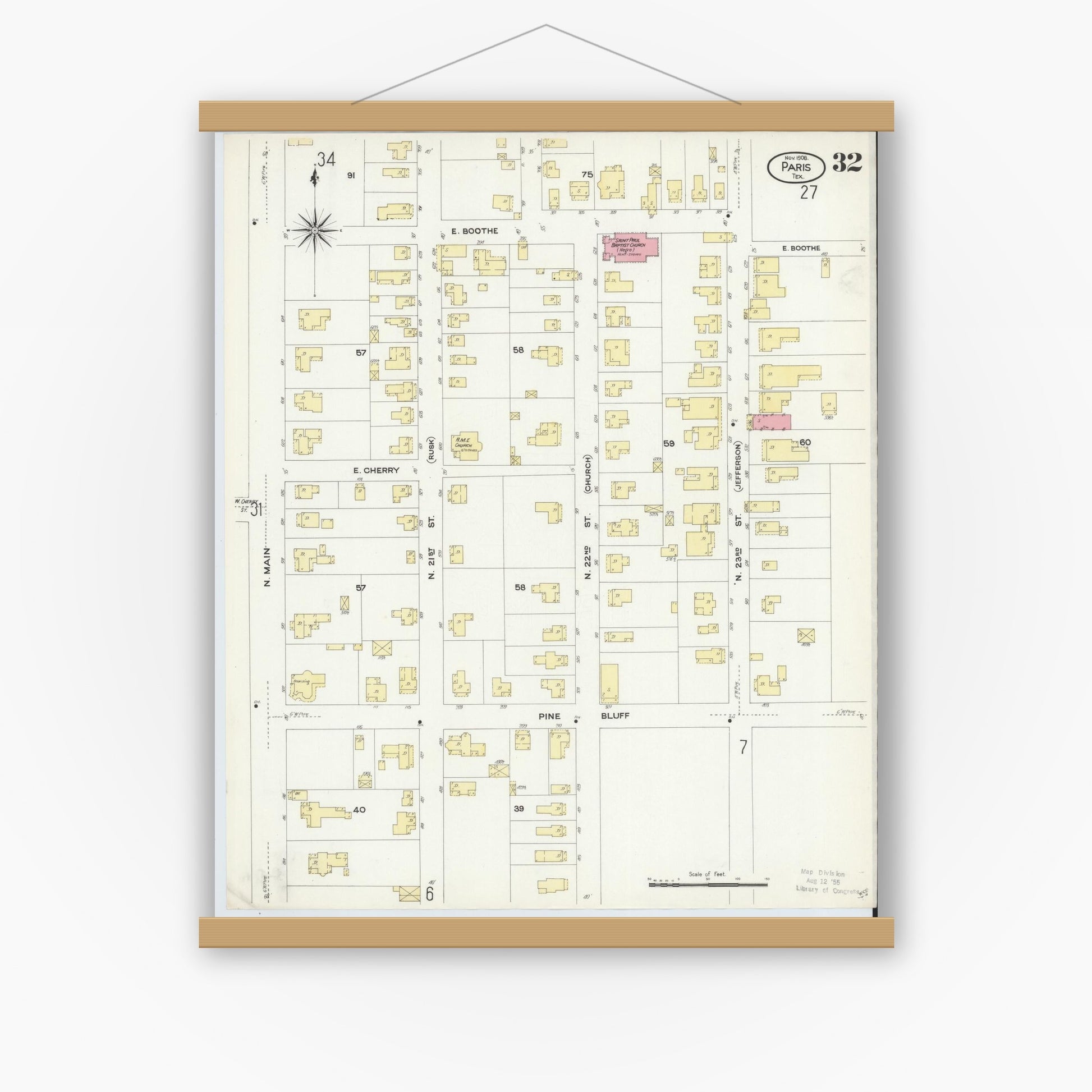 Old map wall art mockup — magnetic wood frame on white wall — Sanborn Fire Insurance Map from Paris, Lamar County, Texas (1908), Sheet #0032