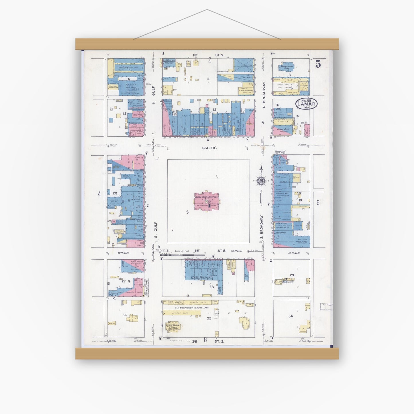 Old map wall art mockup — magnetic wood frame on white wall — Sanborn Fire Insurance Map from Lamar, Barton County, Missouri (1916), Sheet #0005