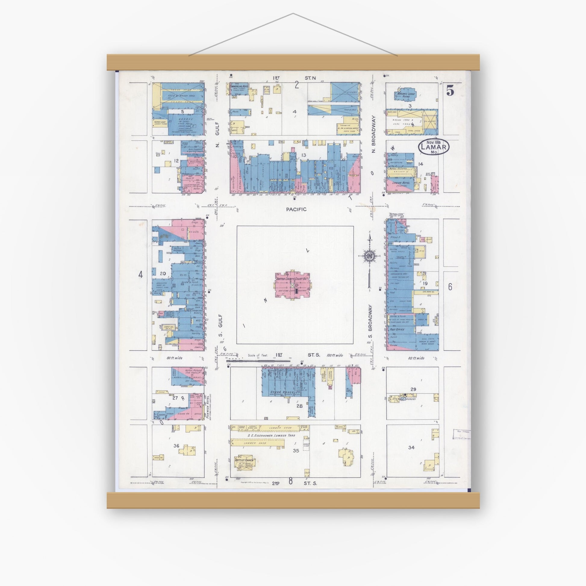 Old map wall art mockup — magnetic wood frame on white wall — Sanborn Fire Insurance Map from Lamar, Barton County, Missouri (1916), Sheet #0005