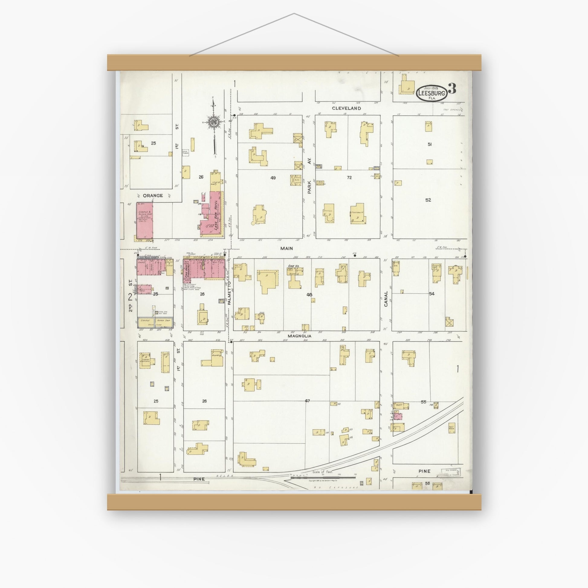 Old map wall art mockup — magnetic wood frame on white wall — Sanborn Fire Insurance Map from Leesburg, Lake County, Florida (1918), Sheet #0003