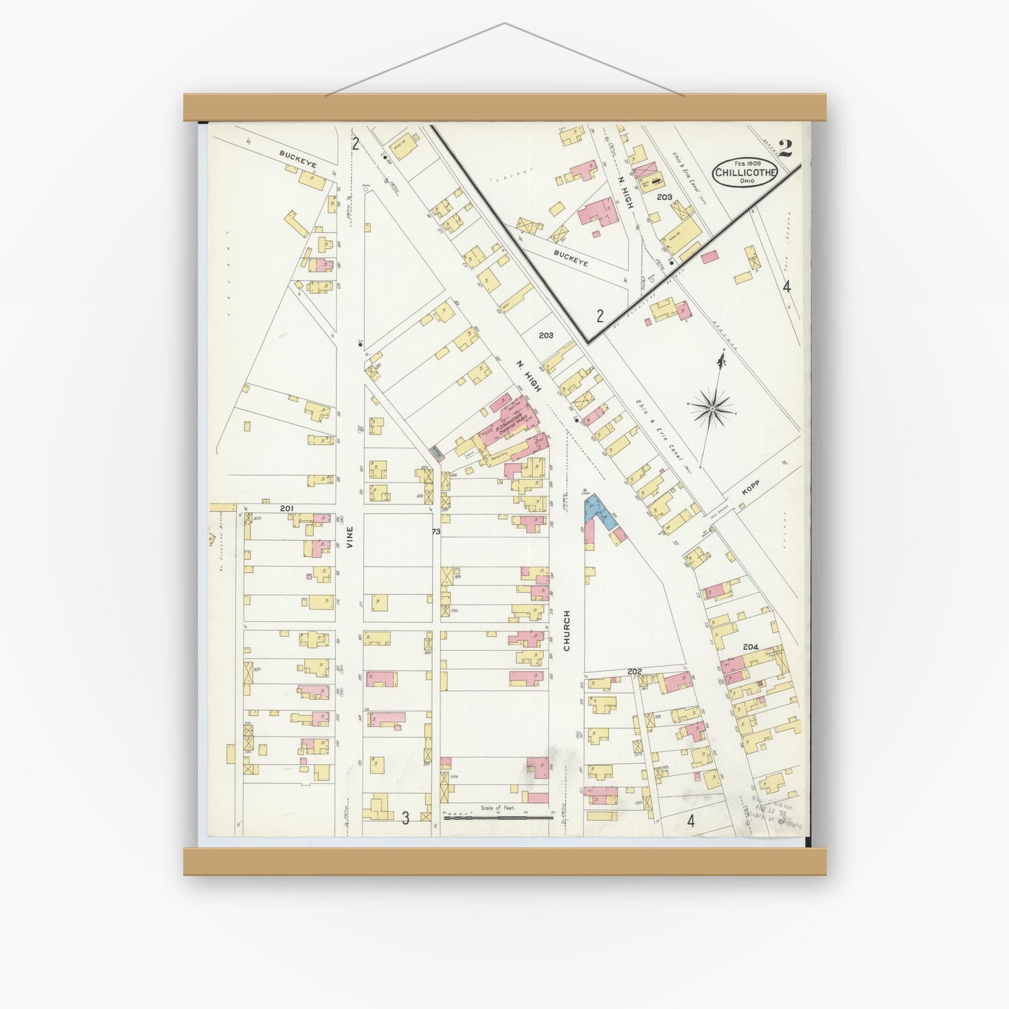 Old map wall art mockup — magnetic wood frame on white wall — Sanborn Fire Insurance Map from Chillicothe, Ross County, Ohio (1909), Sheet #0002