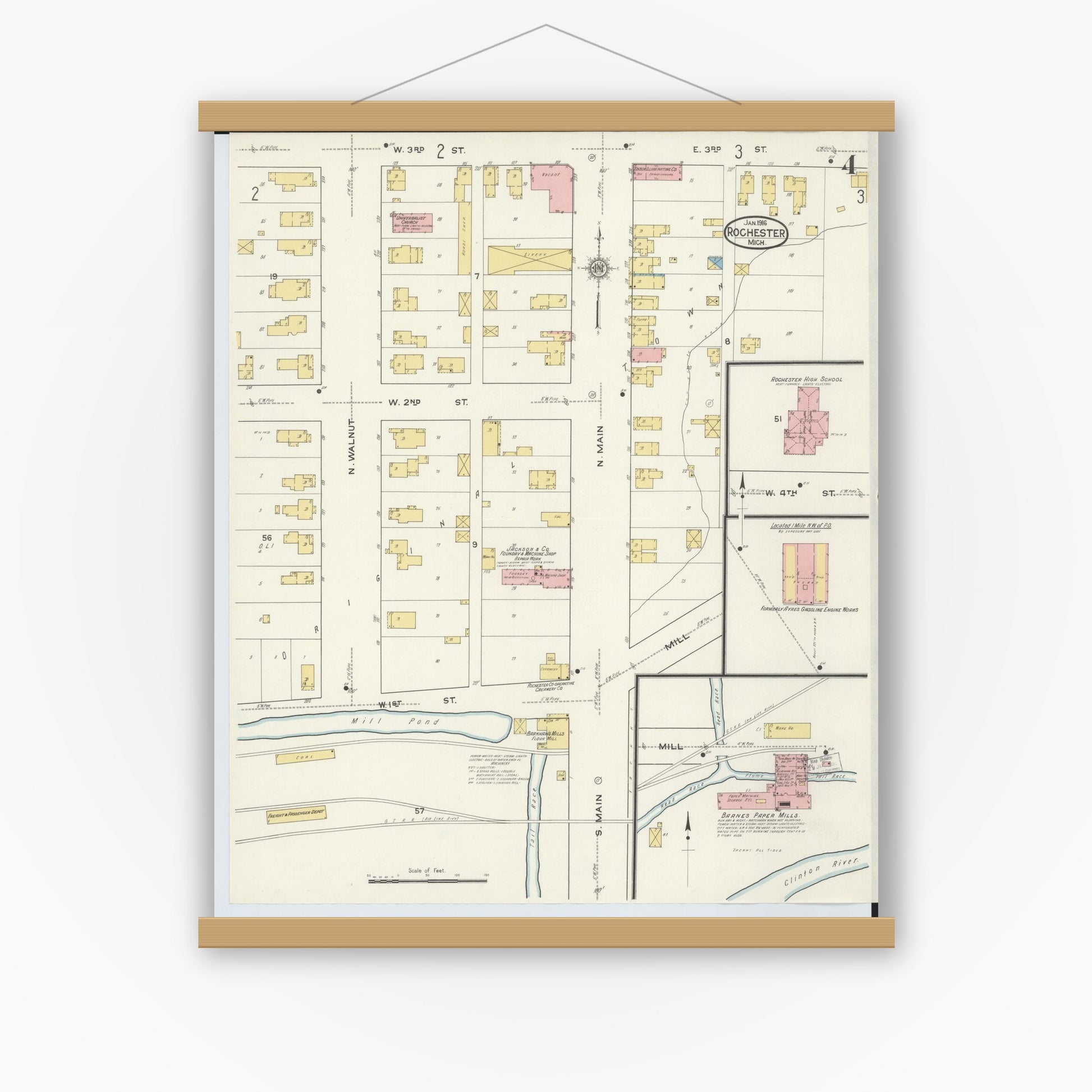 Old map wall art mockup — magnetic wood frame on white wall — Sanborn Fire Insurance Map from Rochester, Oakland County, Michigan (1916), Sheet #0004