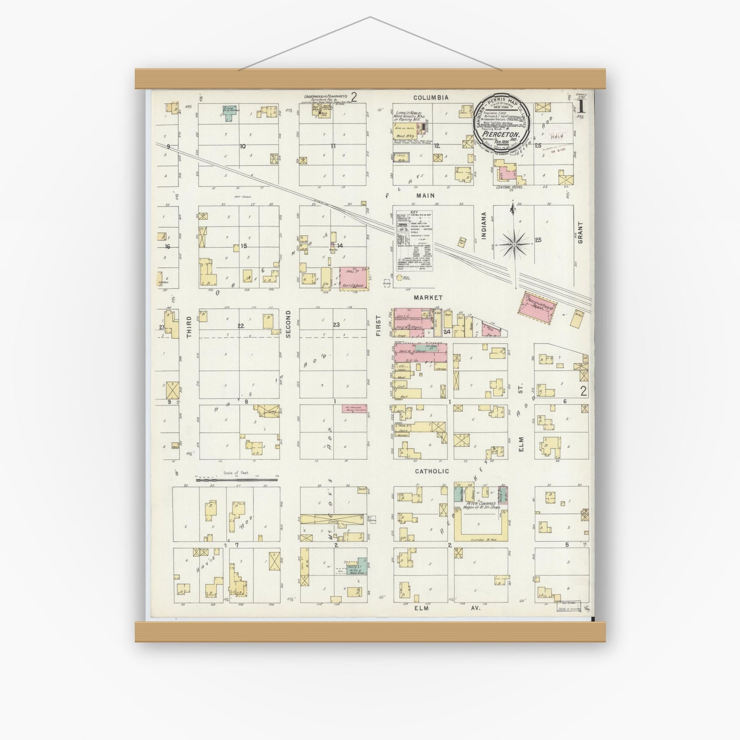 Old map wall art mockup — magnetic wood frame on white wall — Sanborn Fire Insurance Map from Pierceton, Kosciusko County, Indiana (1896) - Complete Map Set