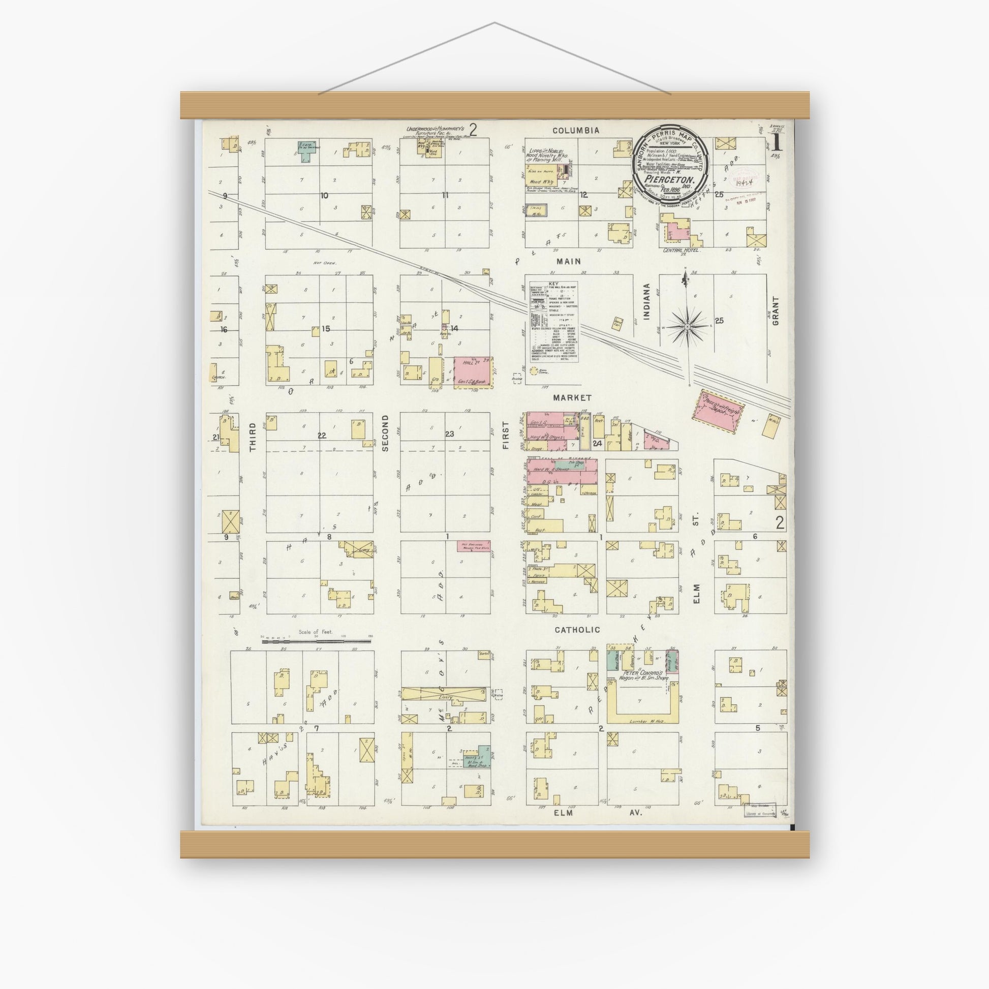 Old map wall art mockup — magnetic wood frame on white wall — Sanborn Fire Insurance Map from Pierceton, Kosciusko County, Indiana (1896) - Complete Map Set