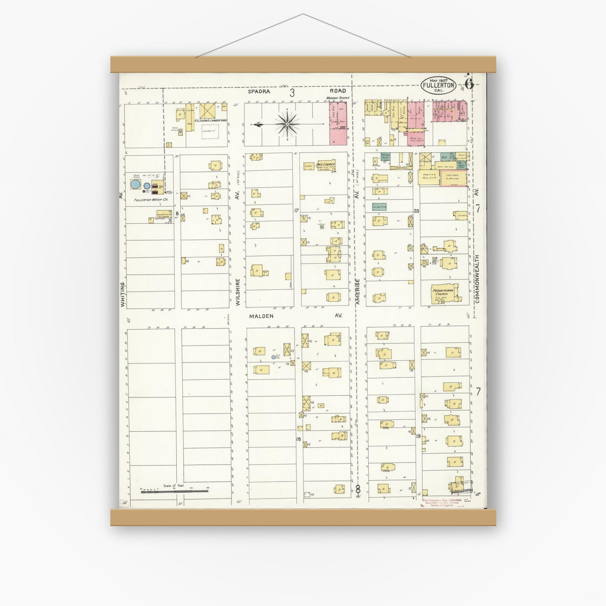 Old map wall art mockup — magnetic wood frame on white wall — Sanborn Fire Insurance Map from Fullerton, Orange County, California (1907), Sheet #0006