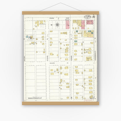 Old map wall art mockup — magnetic wood frame on white wall — Sanborn Fire Insurance Map from Fullerton, Orange County, California (1907), Sheet #0006