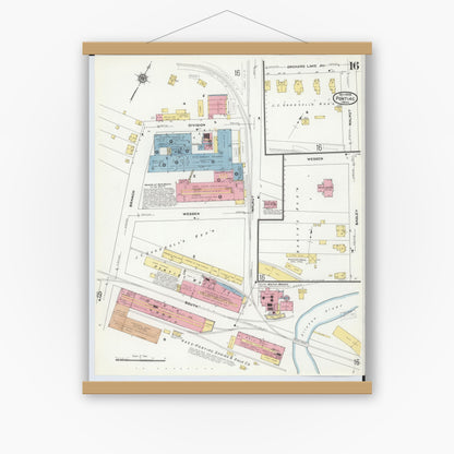 Old map wall art mockup — magnetic wood frame on white wall — Sanborn Fire Insurance Map from Pontiac, Oakland County, Michigan (1909), Sheet #0016
