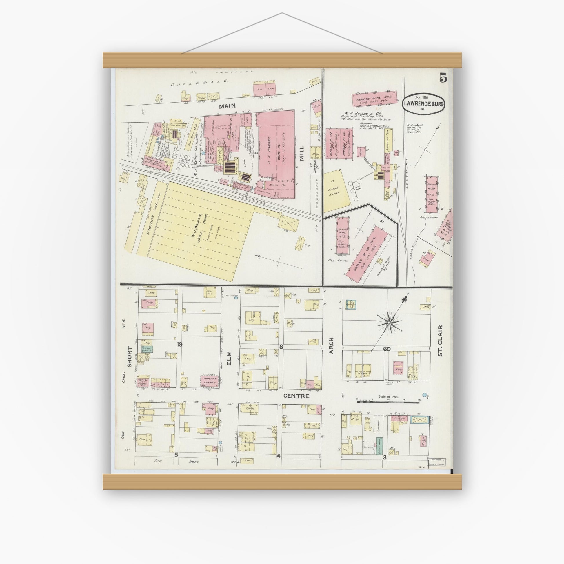 Old map wall art mockup — magnetic wood frame on white wall — Sanborn Fire Insurance Map from Lawrenceburg, Dearborn County, Indiana (1891), Sheet #0005