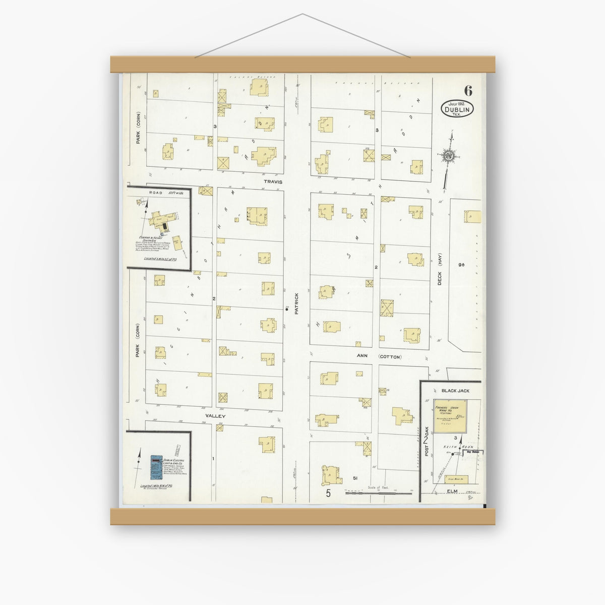 Old map wall art mockup — magnetic wood frame on white wall — Sanborn Fire Insurance Map from Dublin, Erath County, Texas (1912), Sheet #0006