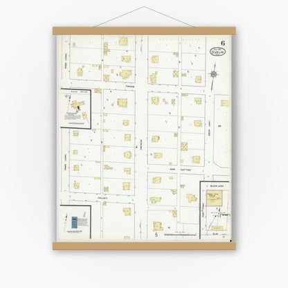 Old map wall art mockup — magnetic wood frame on white wall — Sanborn Fire Insurance Map from Dublin, Erath County, Texas (1912), Sheet #0006