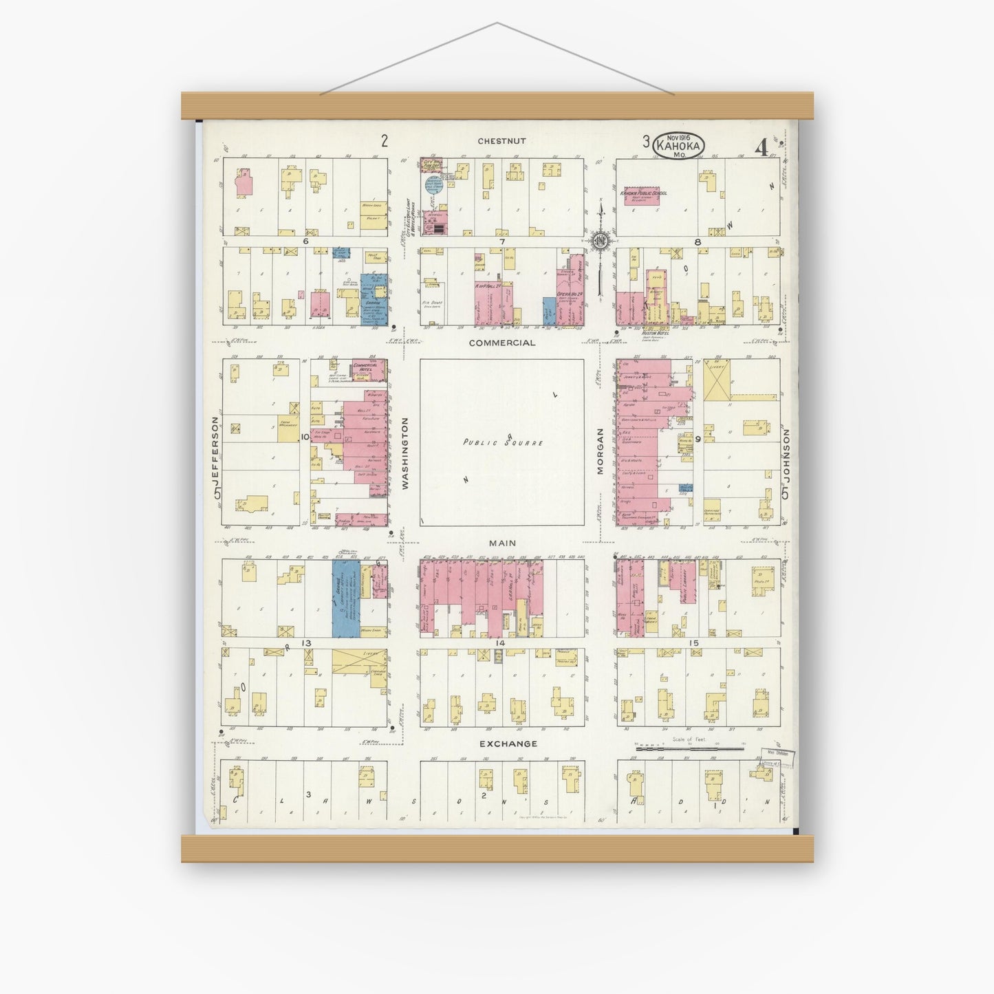 Old map wall art mockup — magnetic wood frame on white wall — Sanborn Fire Insurance Map from Kahoka, Clark County, Missouri (1916), Sheet #0004