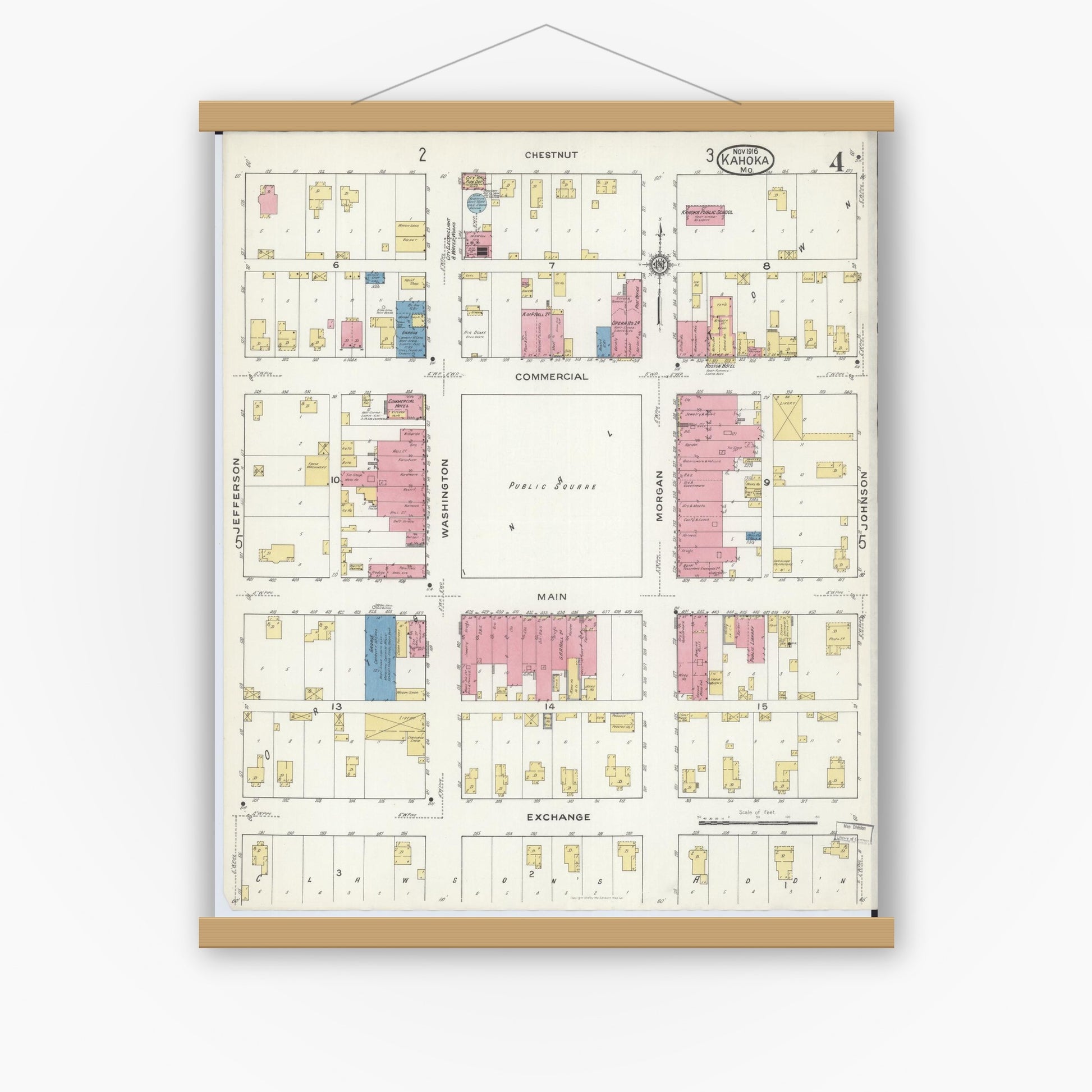 Old map wall art mockup — magnetic wood frame on white wall — Sanborn Fire Insurance Map from Kahoka, Clark County, Missouri (1916), Sheet #0004