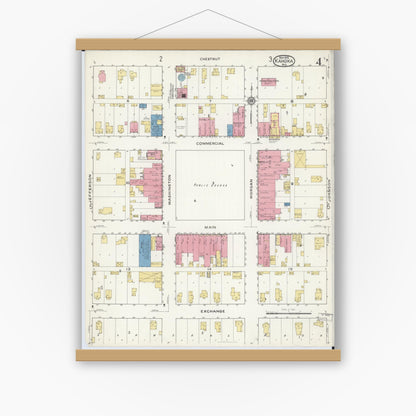 Old map wall art mockup — magnetic wood frame on white wall — Sanborn Fire Insurance Map from Kahoka, Clark County, Missouri (1916), Sheet #0004
