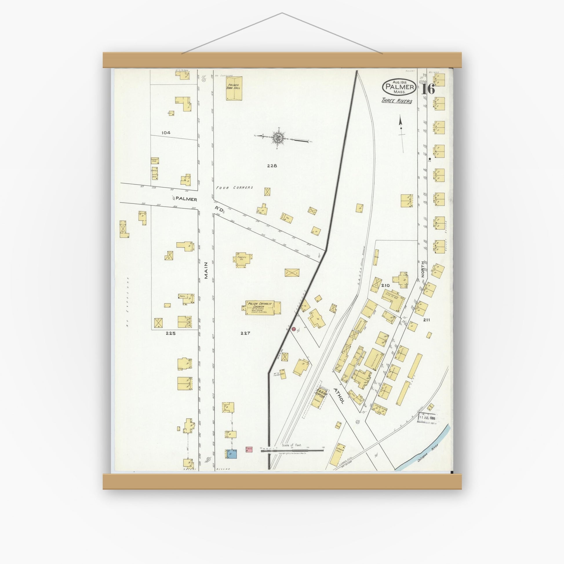 Old map wall art mockup — magnetic wood frame on white wall — Sanborn Fire Insurance Map from Palmer, Hampden County, Massachusetts (1918), Sheet #0016