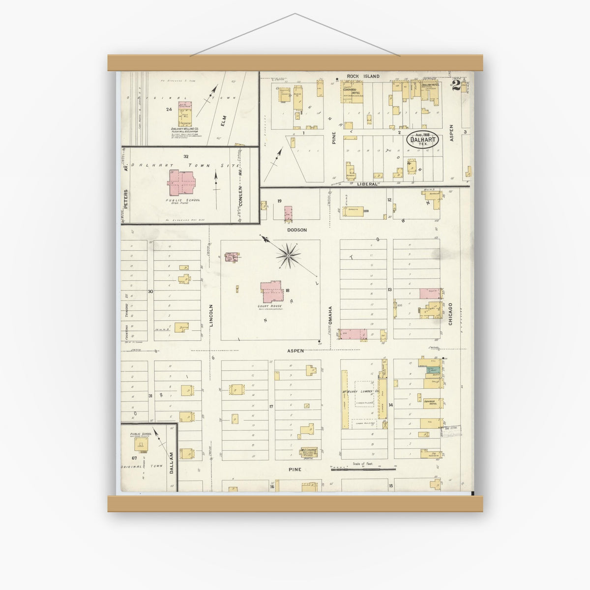 Old map wall art mockup — magnetic wood frame on white wall — Sanborn Fire Insurance Map from Dalhart, Dallam And Hartley County, Texas (1908), Sheet #0002