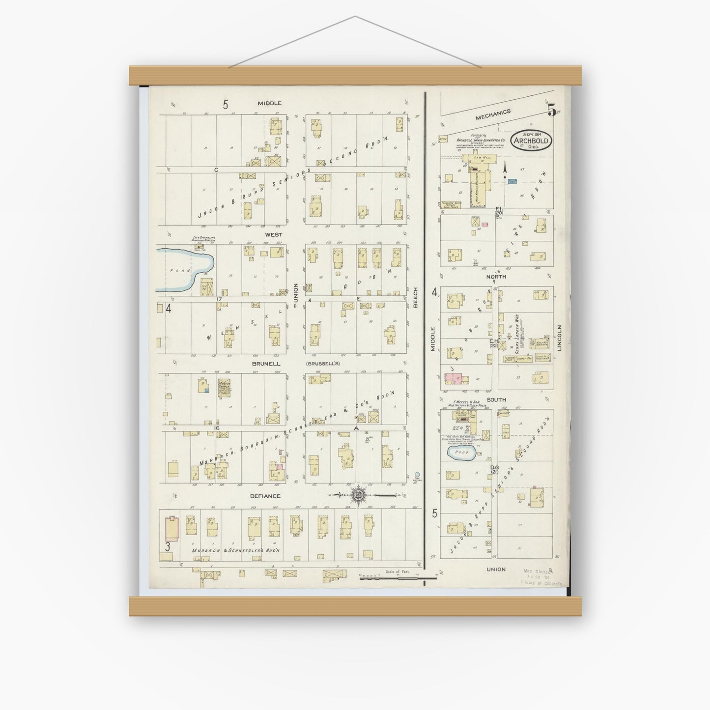 Old map wall art mockup — magnetic wood frame on white wall — Sanborn Fire Insurance Map from Archbold, Fulton County, Ohio (1914), Sheet #0005