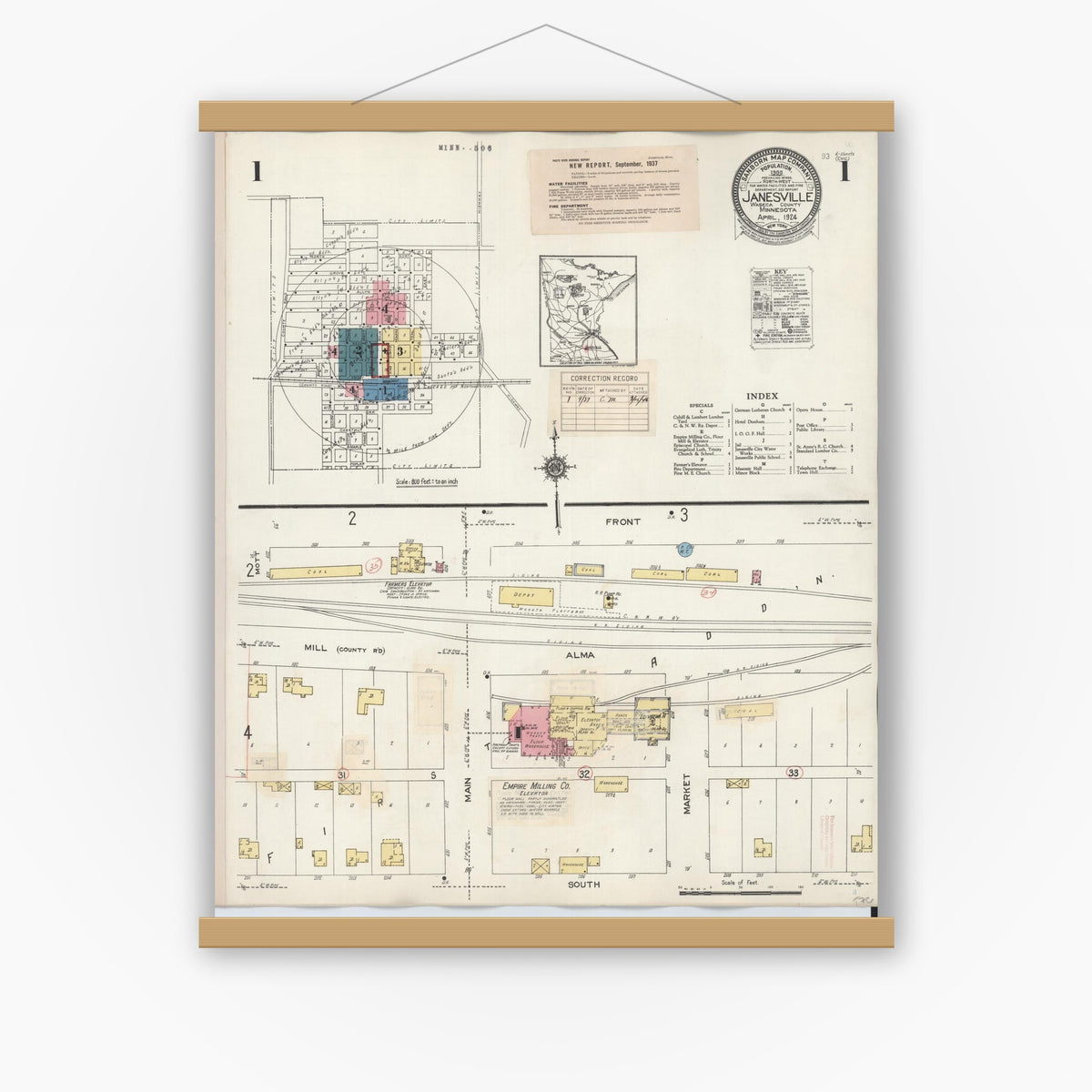 Old map wall art mockup — magnetic wood frame on white wall — Sanborn Fire Insurance Map from Janesville, Waseca County, Minnesota (1937) - Complete Map Set