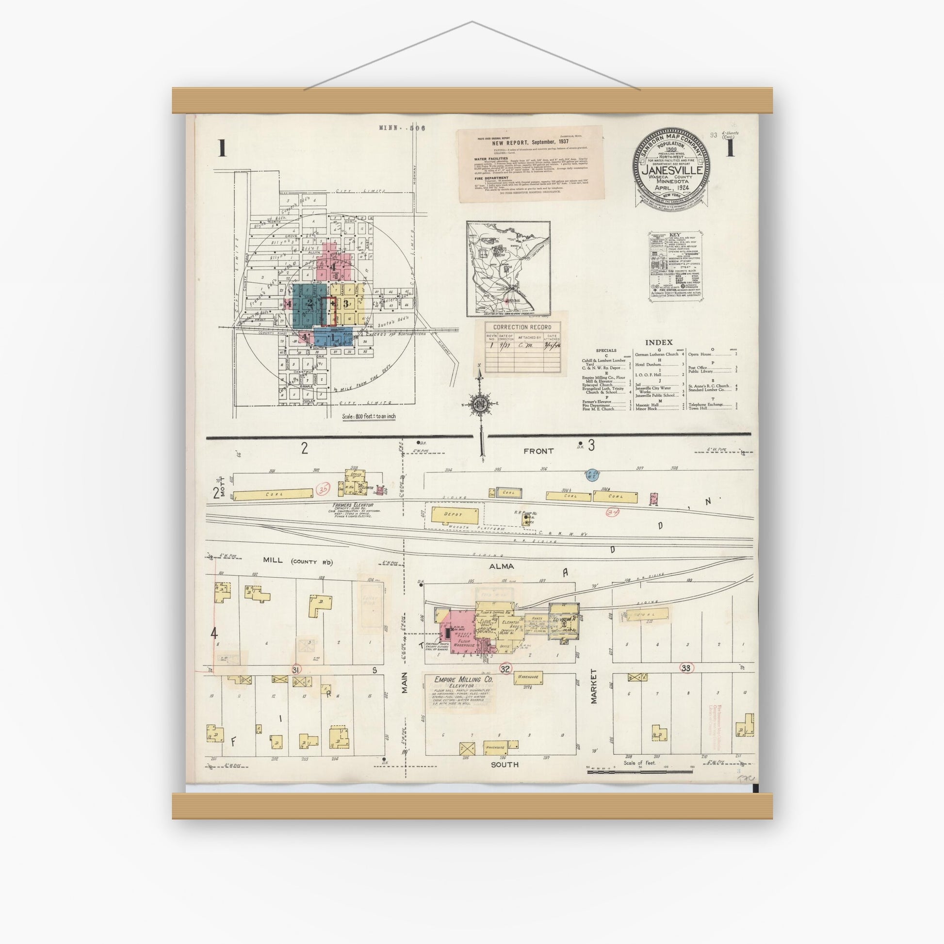 Old map wall art mockup — magnetic wood frame on white wall — Sanborn Fire Insurance Map from Janesville, Waseca County, Minnesota (1937) - Complete Map Set