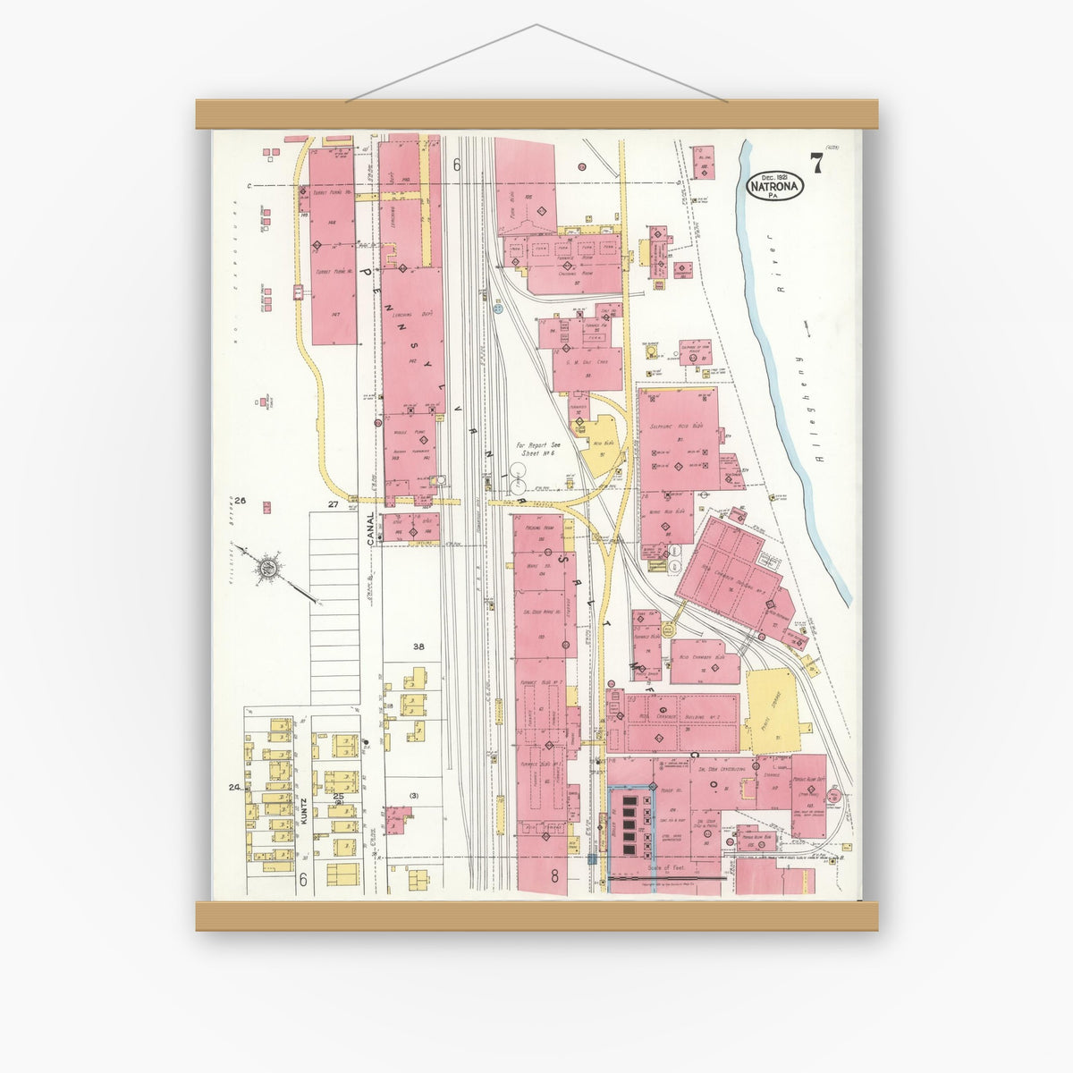 Old map wall art mockup — magnetic wood frame on white wall — Sanborn Fire Insurance Map from Natrona, Allegheny County, Pennsylvania (1921), Sheet #0007